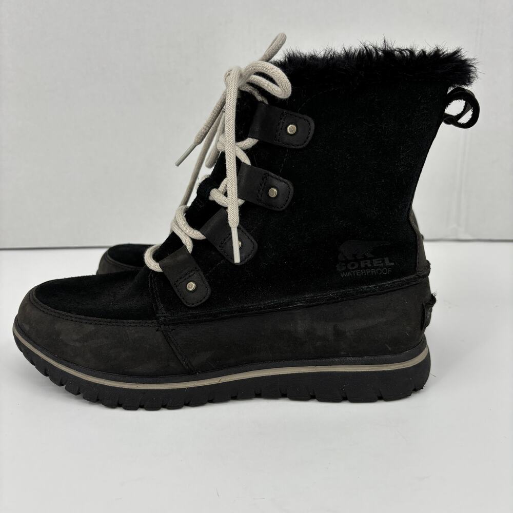 Sorel Cozy Joan Boots Size 7.5 Black Leather Nubuck Faux Fur Lace Up Waterproof - Picture 5 of 10